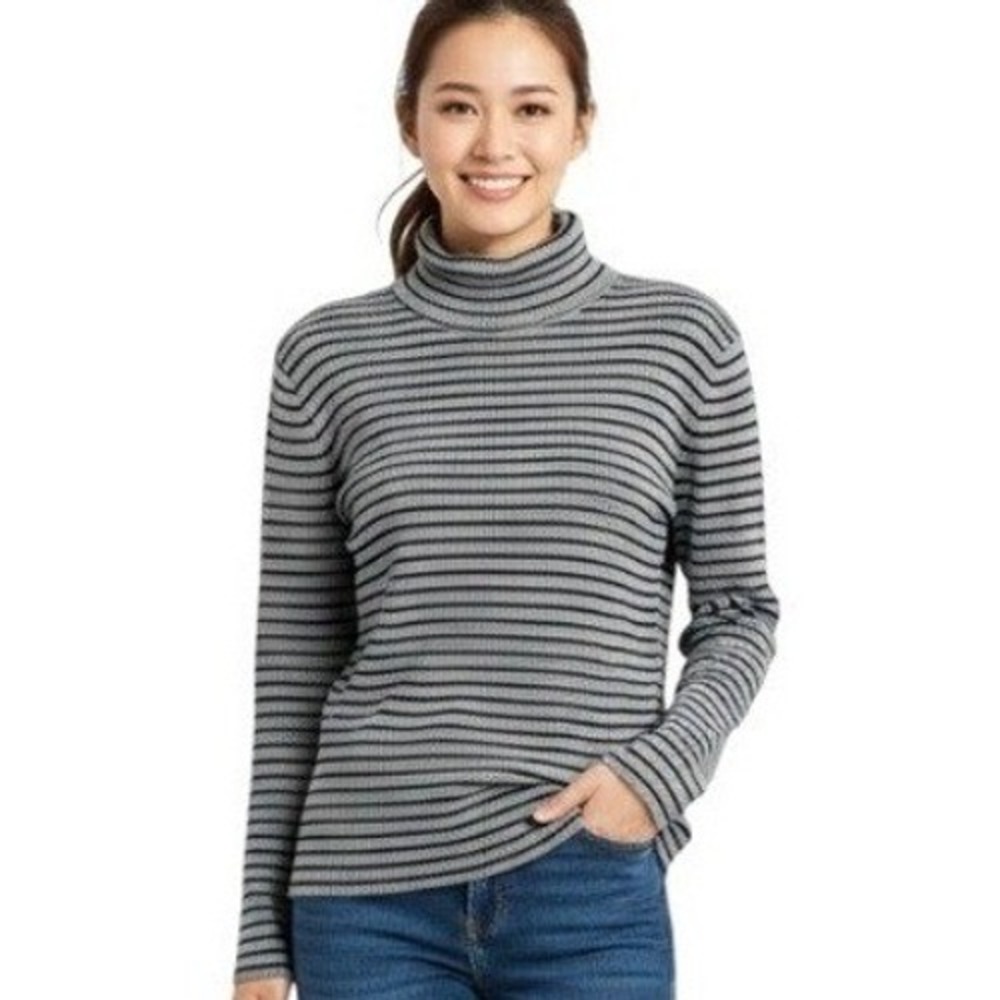 Lauren Ralph Lauren Turtleneck Sweater Womens L Grey Black Striped Ribbed Cotton